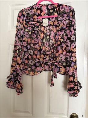 Free People Black Floral Tie-Front Sheer Blouse